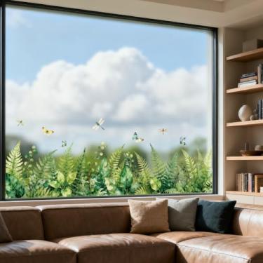 Imagem de ANATTASOUL Adesivos de janela estática com samambaias e borboletas 1 folha reutilizável decalque de janela para vidro, 120 cm x 30 cm adesivo de janela dupla face removível para quarto, escritório