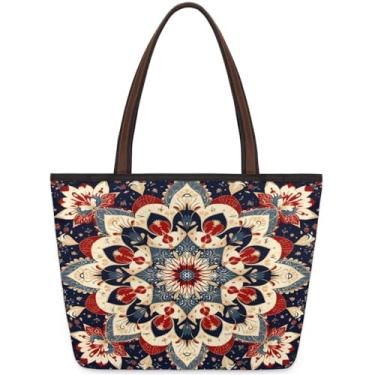 Imagem de Bolsa feminina grande, mandala, boêmia, tecido de trabalho, com zíper, reutilizável, bolsa de mão, casual, para viagem, trabalho, férias, praia, compras, academia, presentes