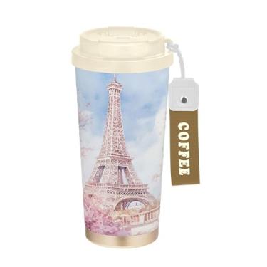 Imagem de SEHANY Caneca de viagem Torre de Paris em aquarela de 500 ml Copos de café reutilizáveis revestidos de cerâmica com tampa à prova de vazamento, parede dupla, isolamento a vácuo, copo de café de aço
