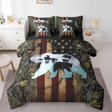 Imagem de Feelyou Conjunto de cama queen de urso rústico de cabana rústica, 7 peças, para crianças, meninos, meninas, decoração de animais selvagens, conjunto de edredom com lençóis, fronhas e capa de almofada