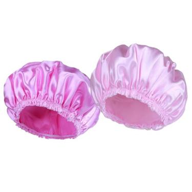 Imagem de 2 peças de touca de banho rosa para mulheres, toucas de banho elásticas e reutilizáveis, touca de banho de camada dupla à prova d'água, toucas de banho, touca de banho de cabelo de proteção ambiental