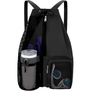 Imagem de Mochila de praia de malha, mochila de malha para praia e piscina com bolso molhado e cordão, design unissex (preto)