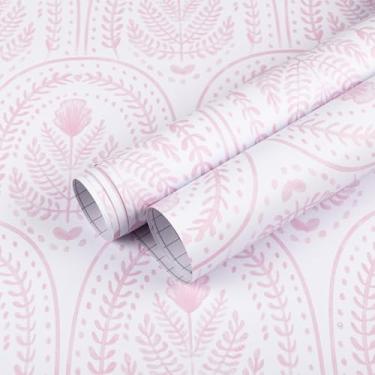 Imagem de Abyssaly Papel de parede rosa e branco Peel and Stick Boho Modern Wall Paper Peel and Stick Papel de contato removível 44,5 cm x 1,000 cm