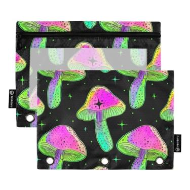 Imagem de GAIGEO Pasta de lápis com 3 anéis, cogumelos coloridos, preto, com zíper, fichário, bolsas artísticas, escolares, bolsos transparentes com zíper 25 x 18 cm, 2 pacotes