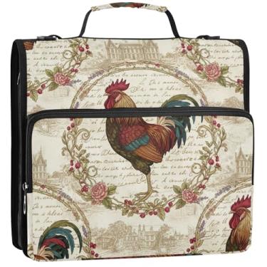 Imagem de Galo de fazenda vintage rústico 3 fichários de 3 anéis resistentes com zíper organizador de fichários escolares bolsa com alça de ombro pasta de armazenamento de portfólio com alça, 34,5 x 31,5 x 9 cm