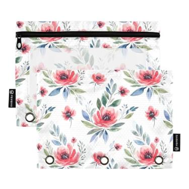 Imagem de Pasta de lápis com 3 anéis de flores pintadas, rosa pastel, bolsa para lápis, fichário com zíper, bolsos escolares transparentes para meninas, 25 x 18 cm, 2 pacotes