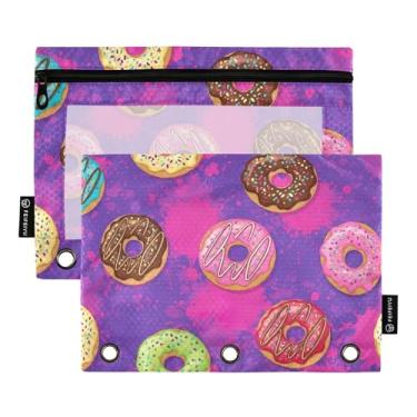 Imagem de GAIGEO Rosquinhas coloridas de desenho animado com 3 anéis, bolsa para lápis, bolsa para canetas, fichário com zíper, fichário escolar, bolsos transparentes para meninas, 25 x 18 cm, 2 pacotes