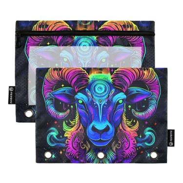 Imagem de GAIGEO Pasta de lápis com 3 argolas, bolsa de lápis estilizada floral de cabra neon com zíper, fichário escolar moderno, bolsos transparentes, floral, 25 x 18 cm, 2 pacotes