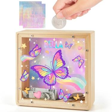 Imagem de Cofrinho para crianças, cofrinho de madeira para meninos e meninas, cofrinho de unicórnio de dinossauro com adesivos DIY para aniversário, presentes de Páscoa, roxo e azul