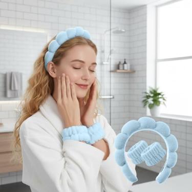 Imagem de Conjunto de faixa de cabeça e pulseiras de spa para lavar o rosto - faixa de cabelo macia de spa, faixas de cabelo de maquiagem para cuidados com a pele para pia de banheiro