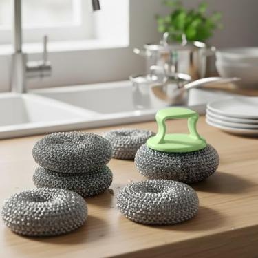 Imagem de 7 peças de esfregão de aço inoxidável com alça, esfregão de lã de aço removível para pratos, escova de limpeza para pia de panela