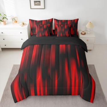 Imagem de Feelyou Conjunto de cama King ombré, vermelho, preto, geométrico, reversível, 7 peças, para crianças, arte listrada moderna, com edredom, lençóis, fronhas, decoração abstrata