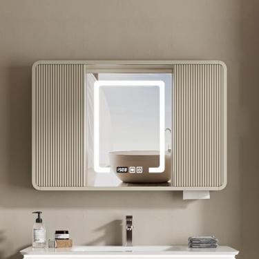 Imagem de Armário de espelho de LED moderno – Armário de medicamentos inteligente de madeira maciça montado na parede com interruptor de toque antiembaçamento, visor de tempo, suporte de papel e porta