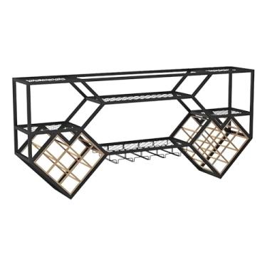 Imagem de Grande rack de vinho de metal montado na parede, prateleira flutuante industrial com luz LED, exibição criativa de garrafa de licor e suporte de taça de vinho, armazenamento de bar com economia de