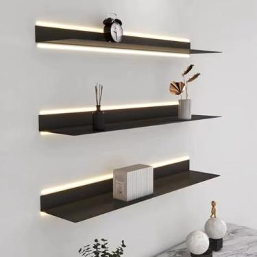 Imagem de Prateleiras de parede flutuantes pretas, prateleiras de livros iluminadas, prateleira de livros de exibição de metal, estante de parede resistente, prateleira suspensa para decoração de sala de estar