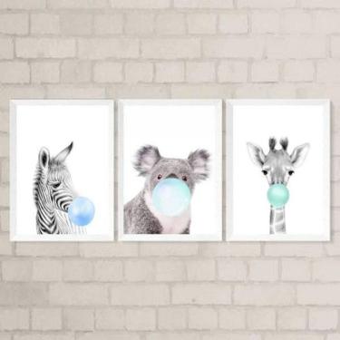 Imagem de Kit 3 Quadros Bichinhos Chicletes Azul 45X34Cm