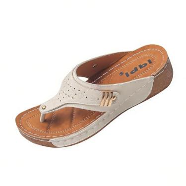 Imagem de Sandálias femininas de cunha perfurada com acabamento em metal, chinelos confortáveis para primavera, Branco, 36