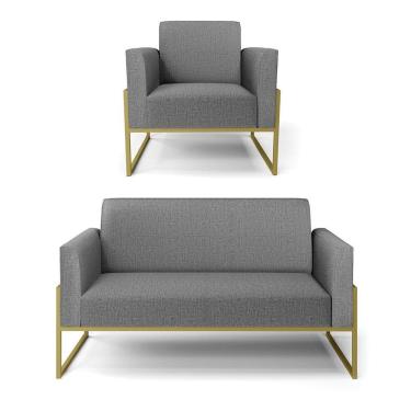 Imagem de Sofá Namoradeira Com Poltrona Base Industrial Alta Dourado Marisa Linho D03 - D\'rossi Cor A26 Grafite