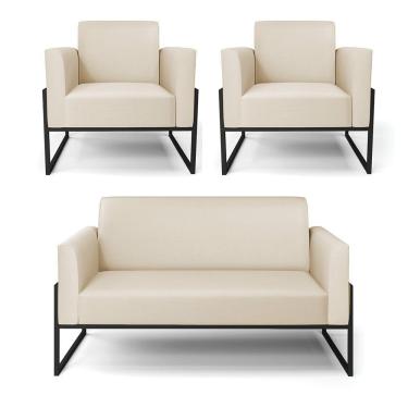 Imagem de Sofá Namoradeira Com 2 Poltronas Base Industrial Alta Preto Marisa Corino D03 - D\'rossi Cor Bege