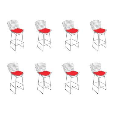 Imagem de Kit 8 Banquetas Bistrô Bertoia Cromada D70 Com Assento Sintético Vermelho