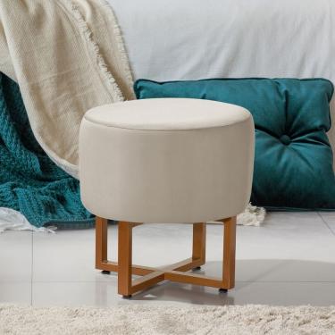 Imagem de Puff Banqueta Pequim Redondo com Assento em Espuma Revestimento em Veludo Bege