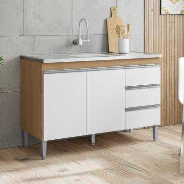 Imagem de Balcão Gabinete Cozinha Andréia 120cm 2 Portas Sem Tampo MDP Amêndoa/Branco - Desk Design