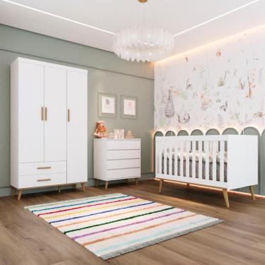 Imagem de Quarto Bebê Completo Retrô Ludmila Berço Americano 3 em 1 Cômoda 4 Gavetas Guarda Roupa 100% MDF Branco Carolina Baby