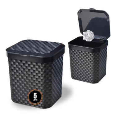 Imagem de Lixeira Cesto Rattan 5 Litros Preta Com Tampa Para Cozinha Banheiro Es