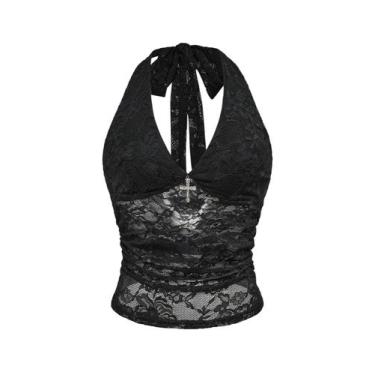 Imagem de Top Verdusa Y2k Gothic Goth Halter Mesh, transparente, sem encosto, pr
