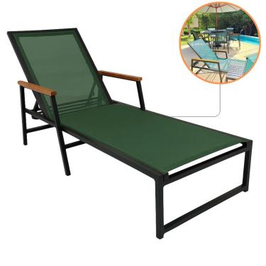 Imagem de Espreguiçadeira de Piscina Amélia Assento Tela Sling Estrutura Alumínio Braços Madeira Verde Nossa Kasa