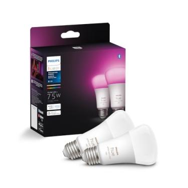 Imagem de Philips Hue Lâmpada inteligente A19 de lúmen médio para ambiente branco e colorido, 1100 lúmens, compatível com Bluetooth e Zigbee (hub opcional), funciona com Alexa e Google Assistant, 2 lâmpadas