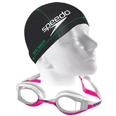 Imagem de Kit Natação Speedo Óculos Focus + Touca Big Silicone Cabelos Volumosos (Rosa/Branco)