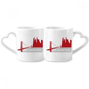Imagem de San Francisco America Country City Outline Conjunto de canecas de porcelana para casais, copo de cerâmica para amantes, alça de coração