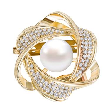 Imagem de YYSuniee Broches e alfinetes redondos de imitação de pérola na moda 2 cores broche de flor espiral aberto para presente feminino, Latão, Zircônia cúbica