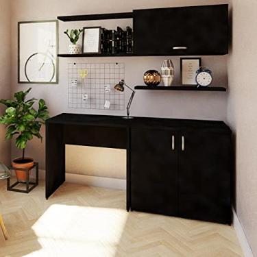 Imagem de Conjunto Home Office Escrivaninha Balcão 2 Portas Armário Aéreo 3 Prateleiras Bramov Preto