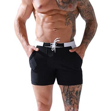 Imagem de Panegy Sunga masculina calção de banho short sexy perna quadrada roupa de banho esportiva com cordão, Shorts de natação com cordão/preto, GG