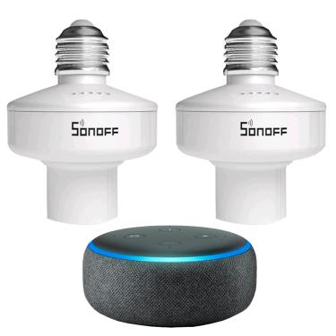 Imagem de Sua Lâmpada Comum Para Inteligente: Kit 2 Soquetes Casa Inteligente Wi-Fi E27 Sonoff + Smart Speaker com Alexa Echo Dot