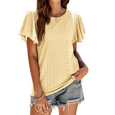 Imagem de Camiseta feminina manga oca babados casual top verão manga curta ajuste solto blusa blusa manga redonda doce camisa, amarelo, P
