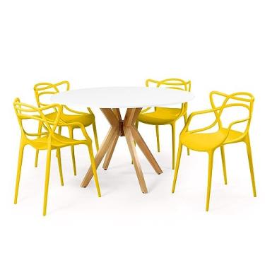 Imagem de Conjunto Mesa de Jantar Redonda Marci Branca 120cm com 4 Cadeiras Allegra - Amarelo