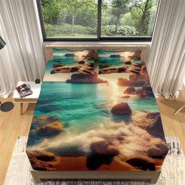 Imagem de Jogo de lençol solteiro GG com bolso profundo, Beach Rocks Brown serve em colchões de até 40,6 cm de espessura, conjunto de lençóis de 3 peças com bolso profundo, lençóis de cama macios que absorvem