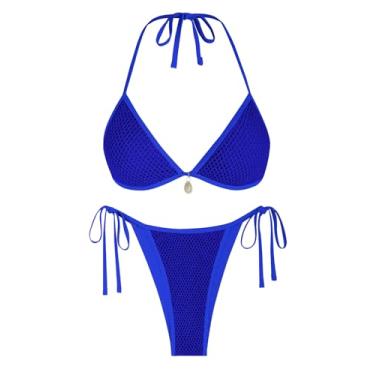 Imagem de ZAFUL Biquíni feminino moderno frente única sexy triangular, conjunto de biquíni com cordão arrastão de 2 peças, Malha azul royal, G
