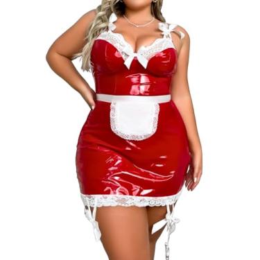 Imagem de EHSUYAB Women's Plus Size Maid Outfit, Sexy Halloween Costume Cosplay Wet Look Dress, Wirefree Exotic Valentines Lingerie Set Red XX-Large