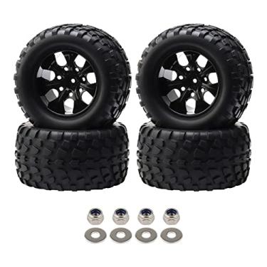 Imagem de Rowiz Conjunto de 4 rodas e pneus hexagonais RC de 12 mm para caminhão monstro off-road escala 1/10, pneu de borracha com inserções de espuma arruelas de porcas para HSP 94188 Volcano S30 etc