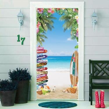 Imagem de Fanghui 185 x 90 cm verão luau praia tema festa porta bandeira mar palmeira folha flor borda padrão festa tiro fundo porta decoração chá de bebê praia festa surf lobby banner