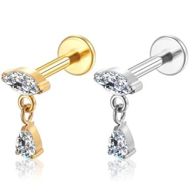 Imagem de Piercing Labret Helix Tragus Conch Nariz Boca Medusa Titânio Pvd Zircônia Oval Com Pingente (Dourado)