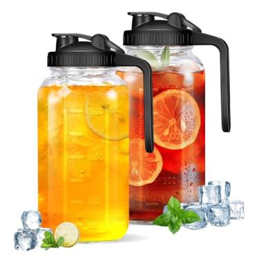 Imagem de Pacote com 2 jarras de vidro – Jarro de vidro de 1,8 g, recipientes de leite materno, boca larga, jarro hermético e à prova de vazamento com tampas de bico para água, suco, leite, chá, café gelado