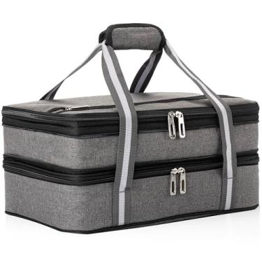 Imagem de Caçarola dupla expansível isolante e suporte de lasanha para piquenique Potluck Praia Viagem Acampamento Caminhadas – Bolsa térmica quente e fria em cinza – Sacola pode conter 28 cm x 38 cm ou 23 cm x 33 cm