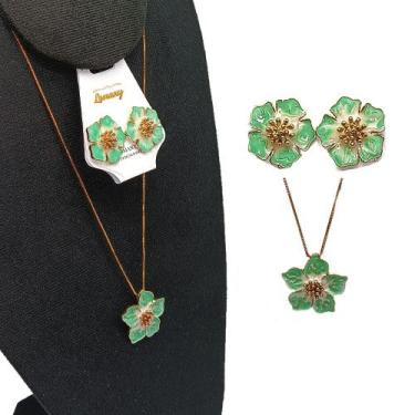 Imagem de Conjunto Colar e Brinco Flores Verde Esmaltado Zircônia-r.08 - Lomany 