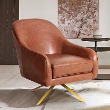 Imagem de Cadeira giratória moderna para sala de estar, cadeira giratória grande de couro barril com pernas de metal, cadeiras giratórias estofadas sem rodas, confortável para espaços pequenos, quarto, leitura,