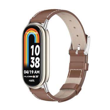 Imagem de MIJOBS Pulseira de Couro Genuíno Respirável para Xiaomi Mi Band 8 - Compatível com Mi Fit Band 8 SmartWatch - Unissex - Marrom + Prata